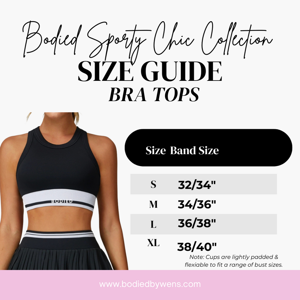 Size guide for bra tops with a model wearing a black and white top, brand 'Bodied' visible.